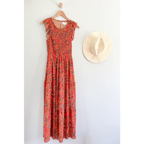 MELLODAY | Smocked Floral Sleeveless Maxi Dress | Orange Mustard Palm | Sz XS - Picture 1 of 10
